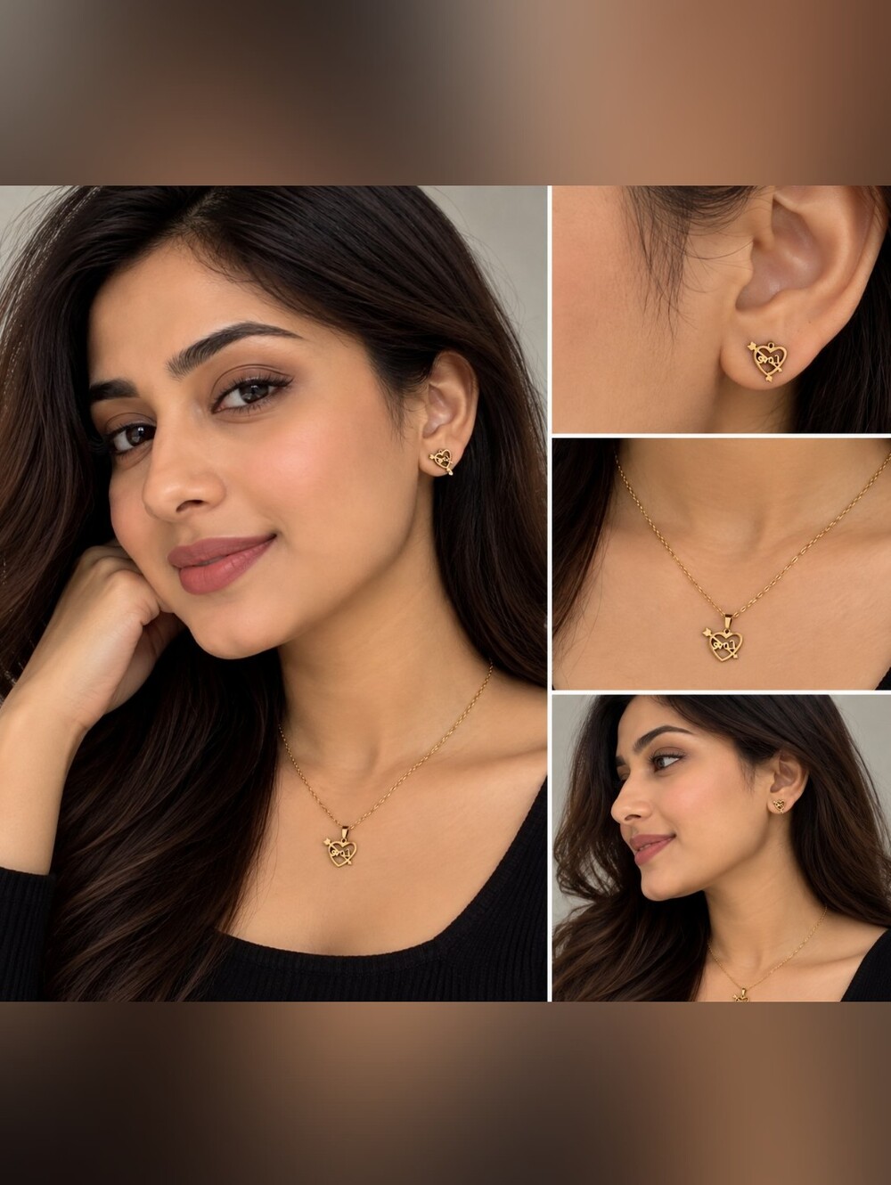 Delicate Gold Heart & Arrow Pendant Necklace with Matching Studs